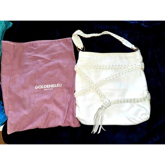 GOLDENBLEU LARGE BOHO WHITE LEATHER BAG BRAIDED TRIM & TASSEL USED 1X - Picture 3 of 8